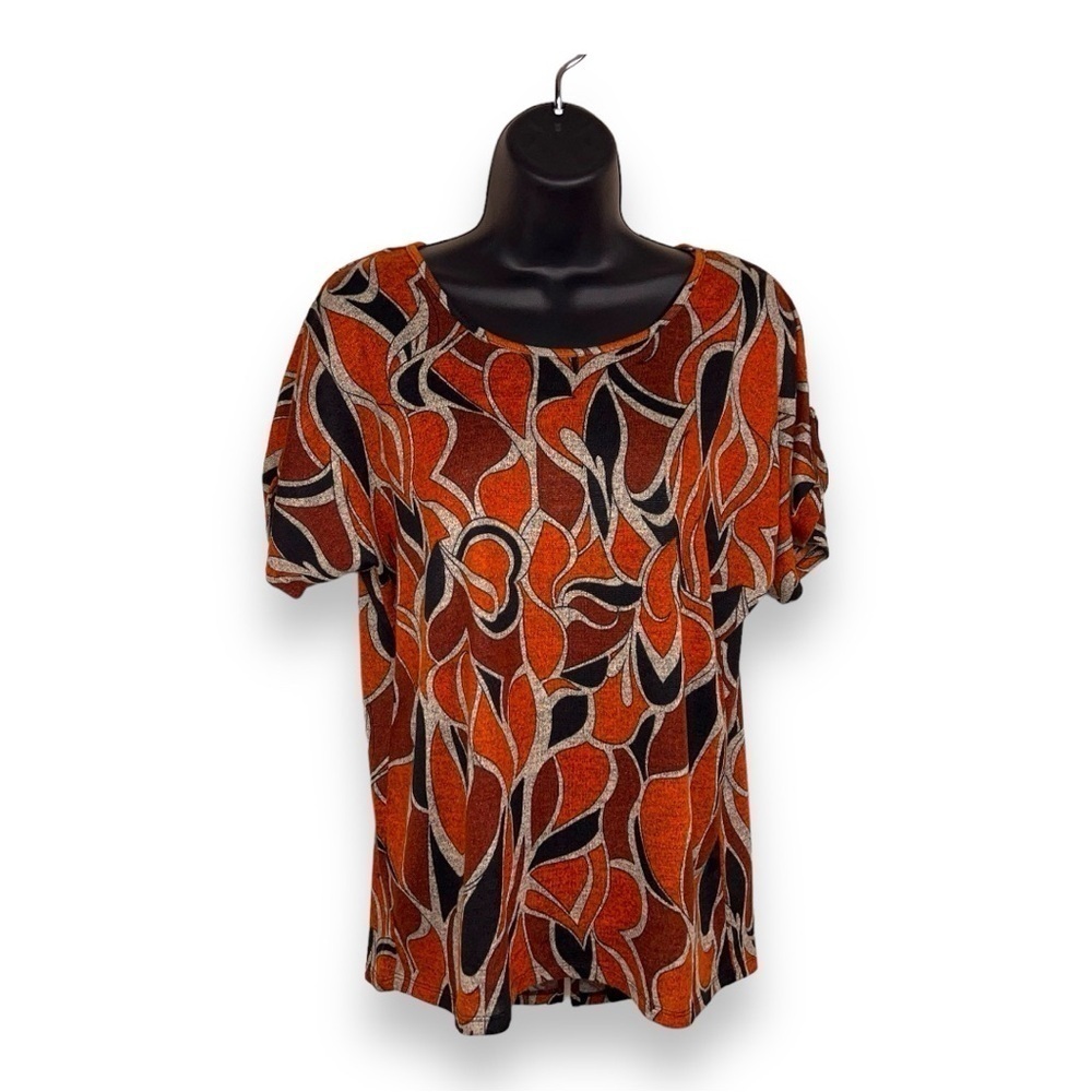 NEW MEDIUM SHARAGANO ORANGE BLACK KNIT TOP SHORT SLEEVE